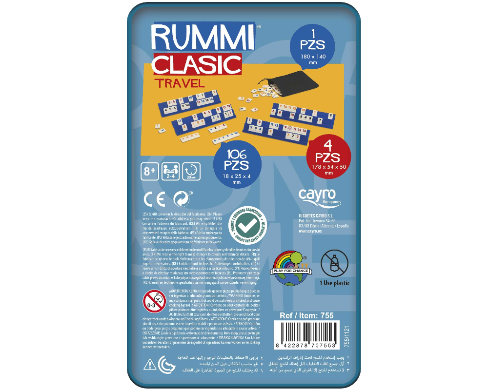 Rummi Clásico de Viaje Caja de Metal: Juego de Mesa Cayro