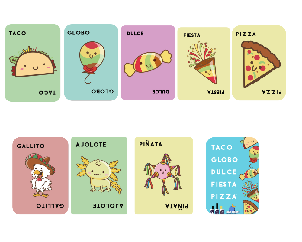 Taco, Globo, Dulce, Fiesta Pizza en Español. Blue Orange™